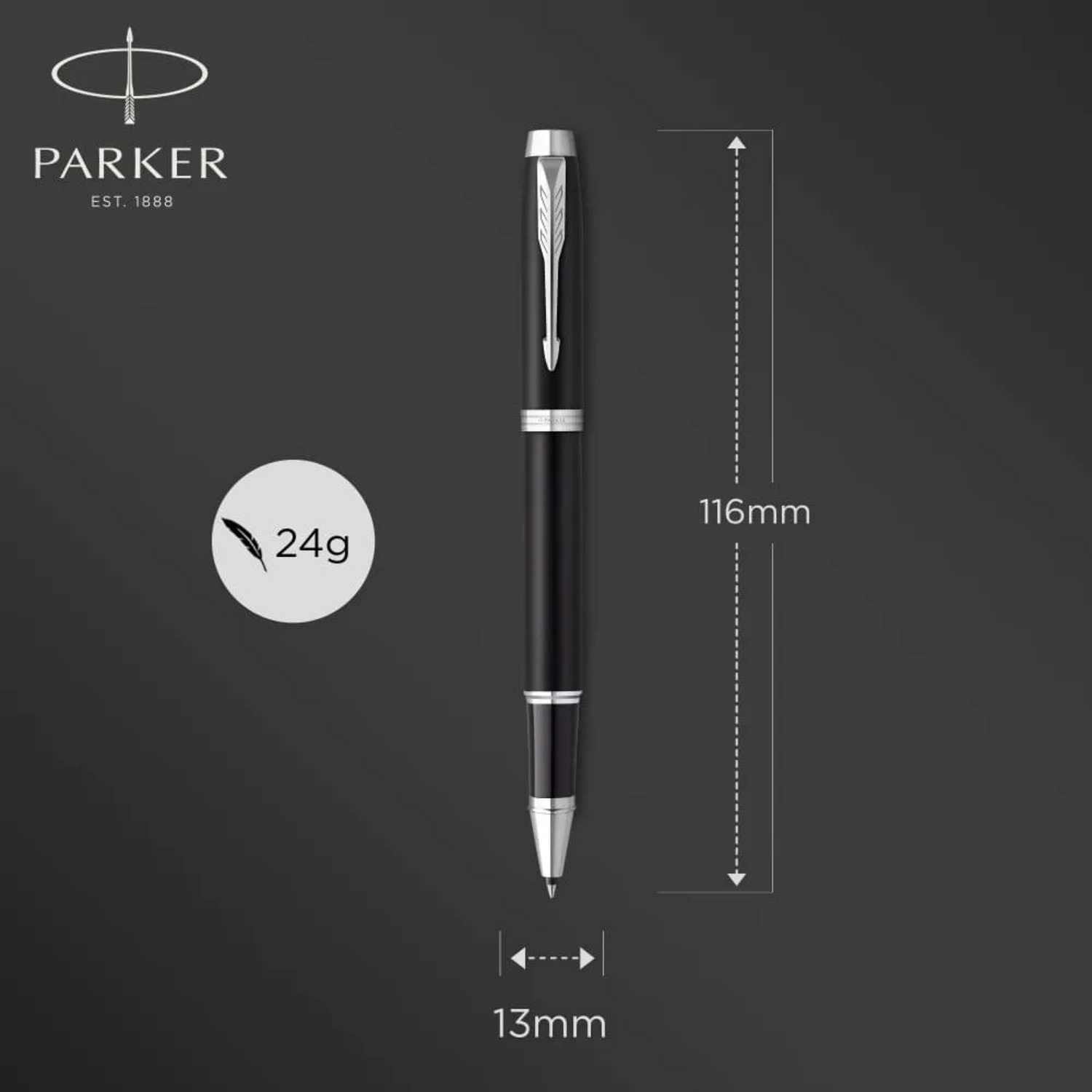 Boligrafo Rollerball Parker IM Essential Negro Mate con tinta negra, 0.7 mm, diseño elegante.