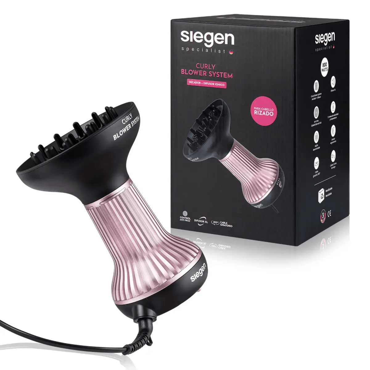 Secador Curly Blower Siegen SG-3180 Difusor XL Antifrizz con diseño ergonómico y caja del producto.