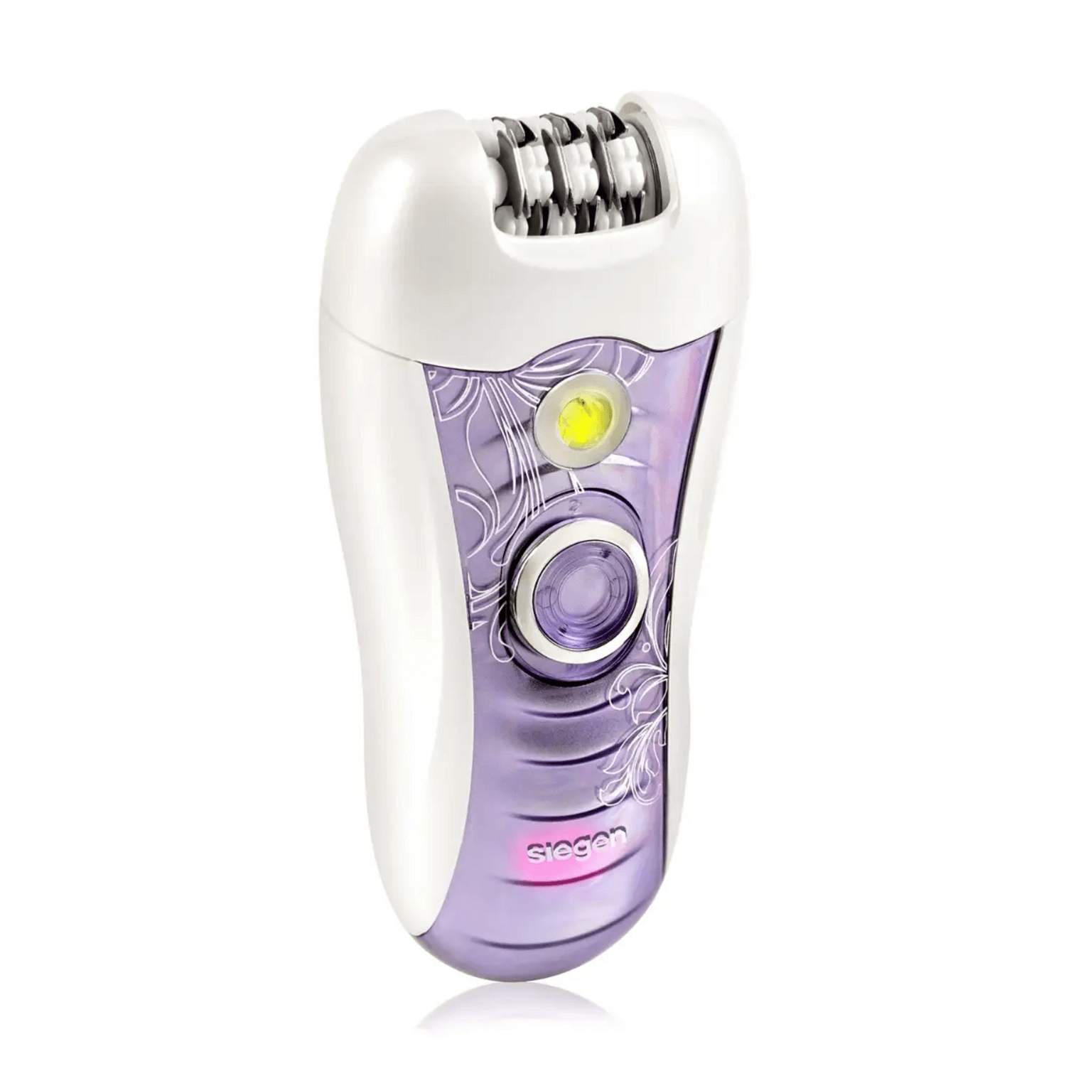 Depiladora Siegen SG-9003 Recargable 18 Pinzas Todo Cuerpo en color blanco y morado, diseño ergonómico y moderno.