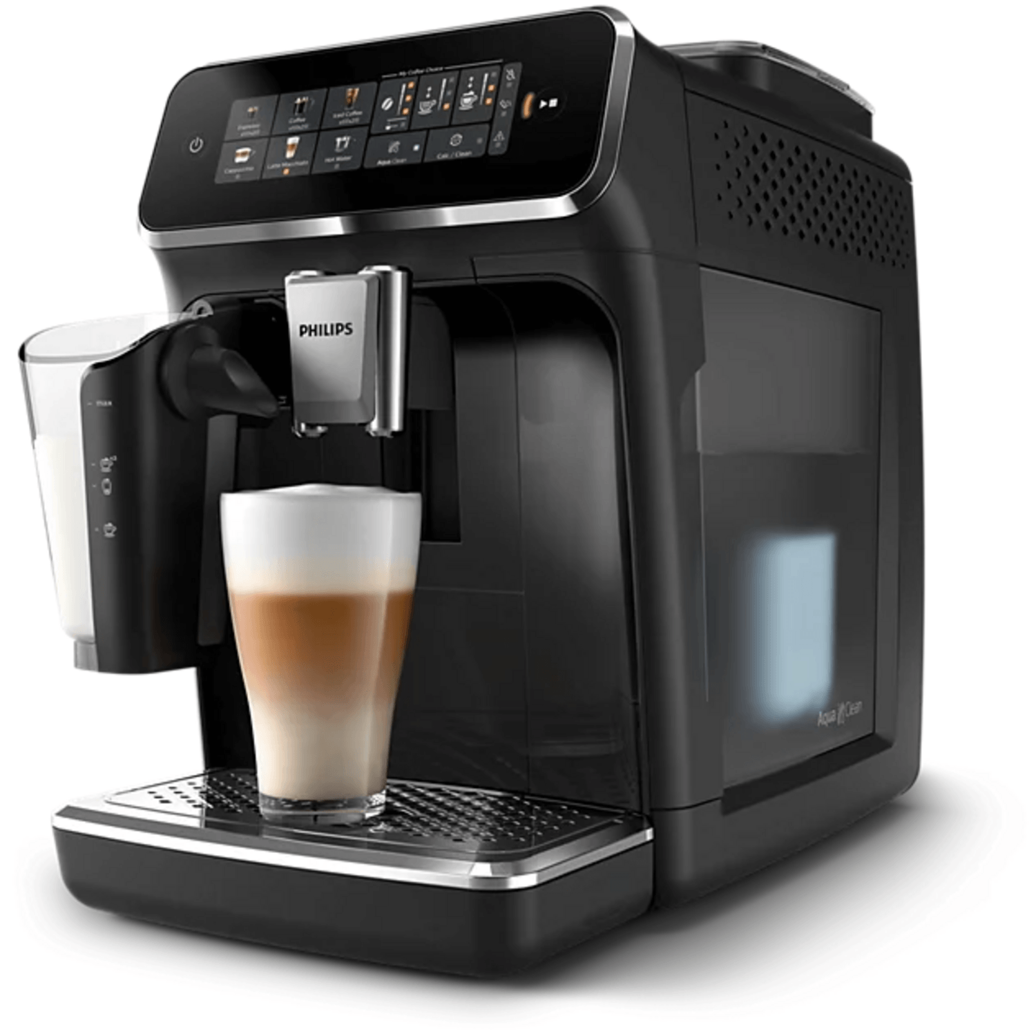 Cafetera superautomática Philips EP3341 preparando un latte en casa con espuma de leche.