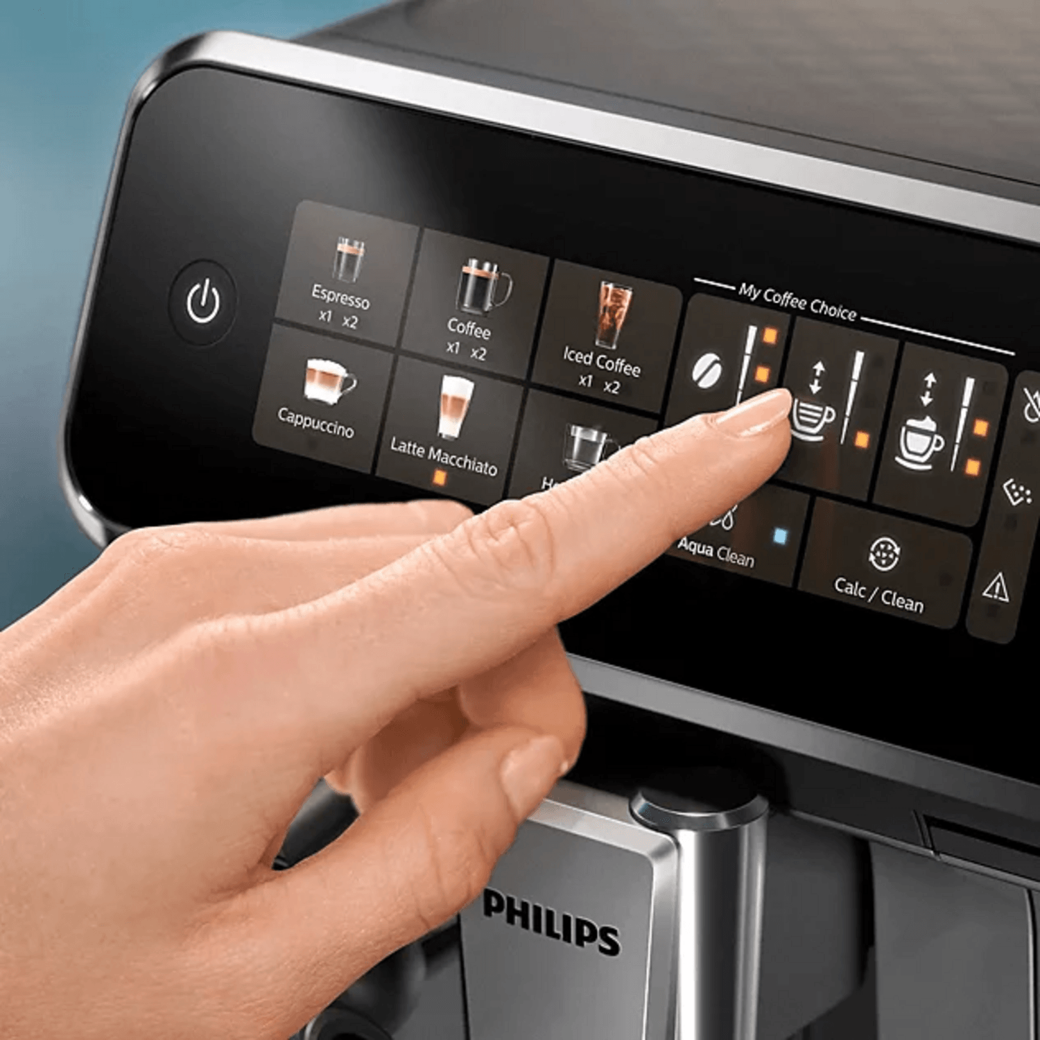 Controles de la cafetera superautomática Philips EP3341 para seleccionar bebidas con un solo toque.