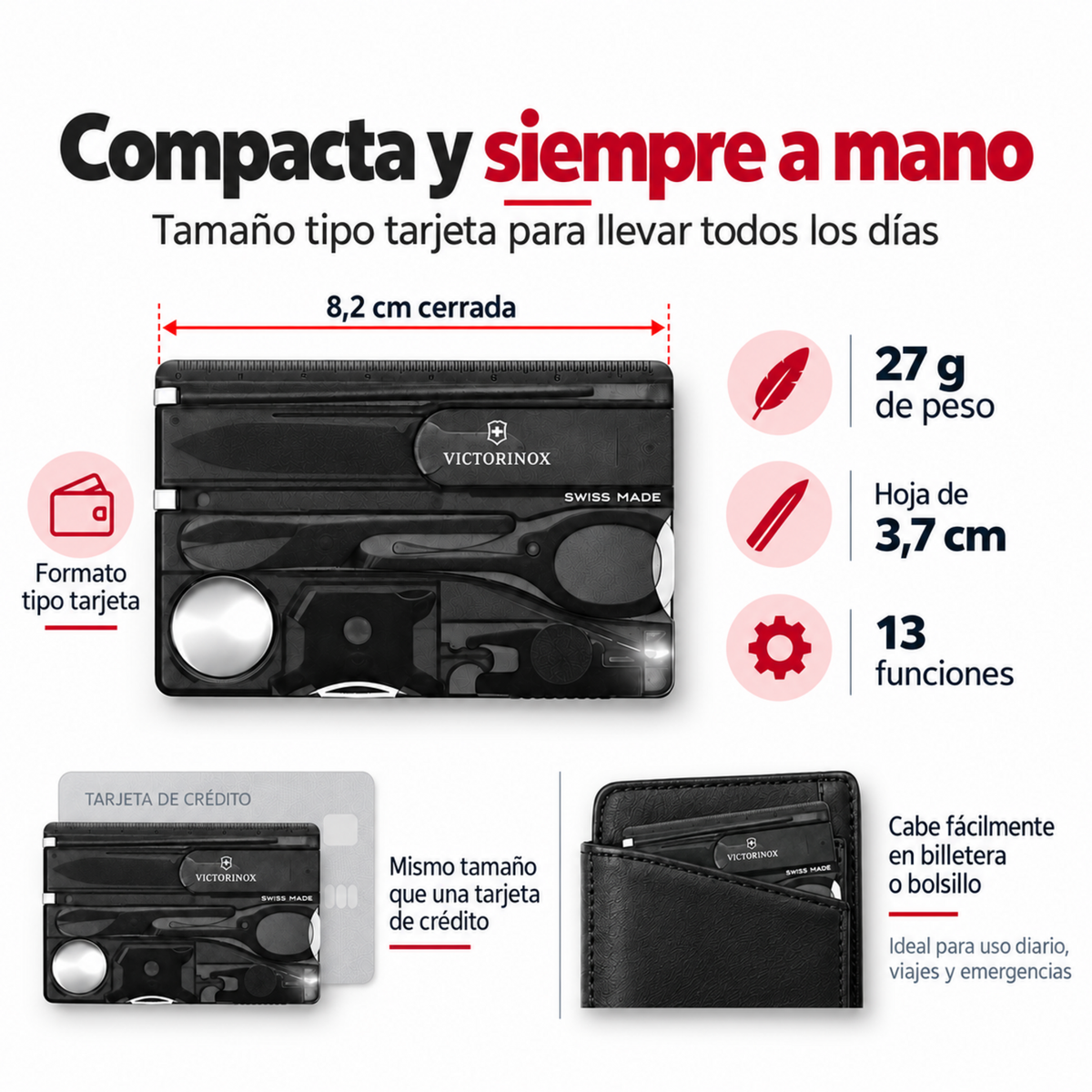 Tarjeta Victorinox SwissCard Lite Negra 13 Funciones LED