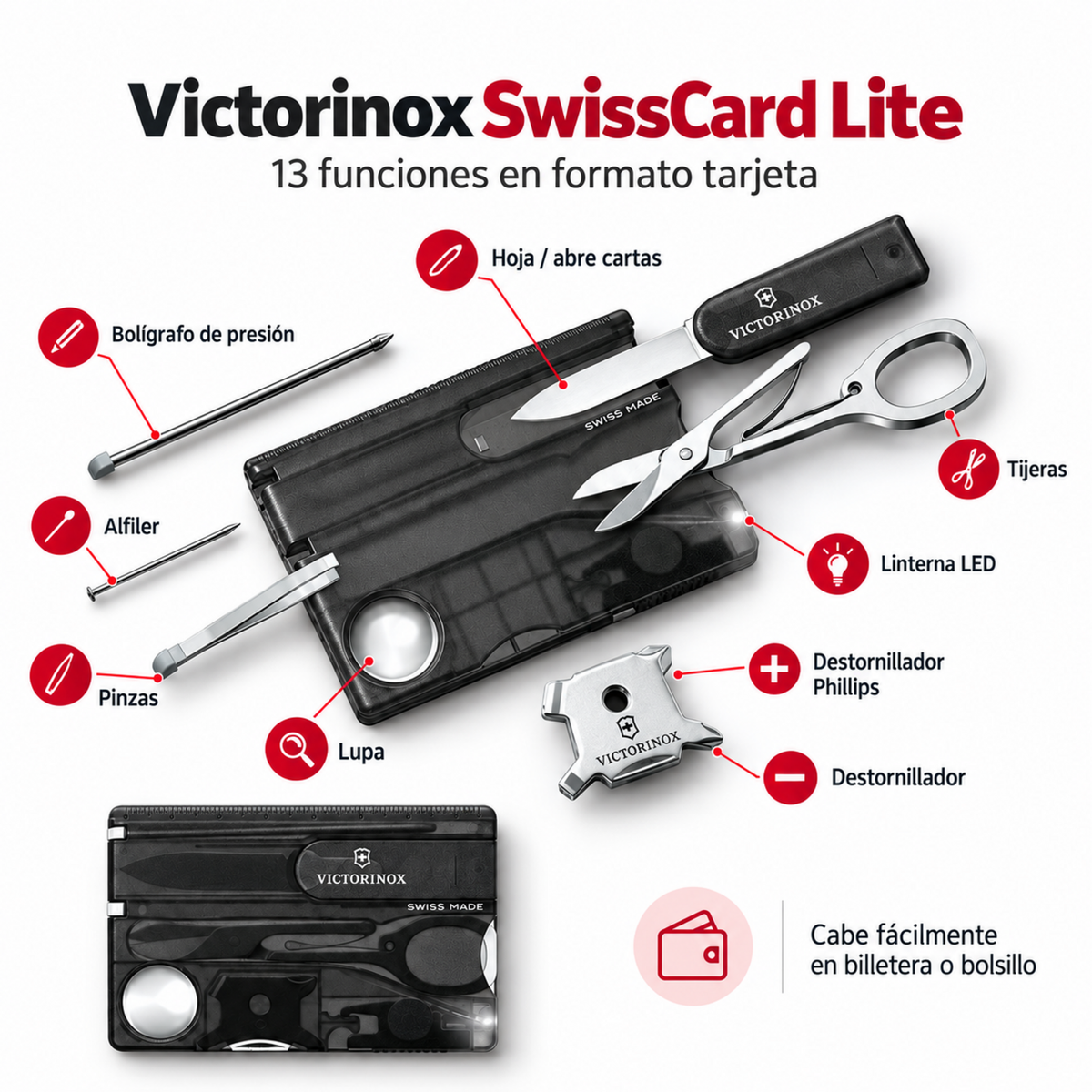 Tarjeta Victorinox SwissCard Lite Negra 13 Funciones LED