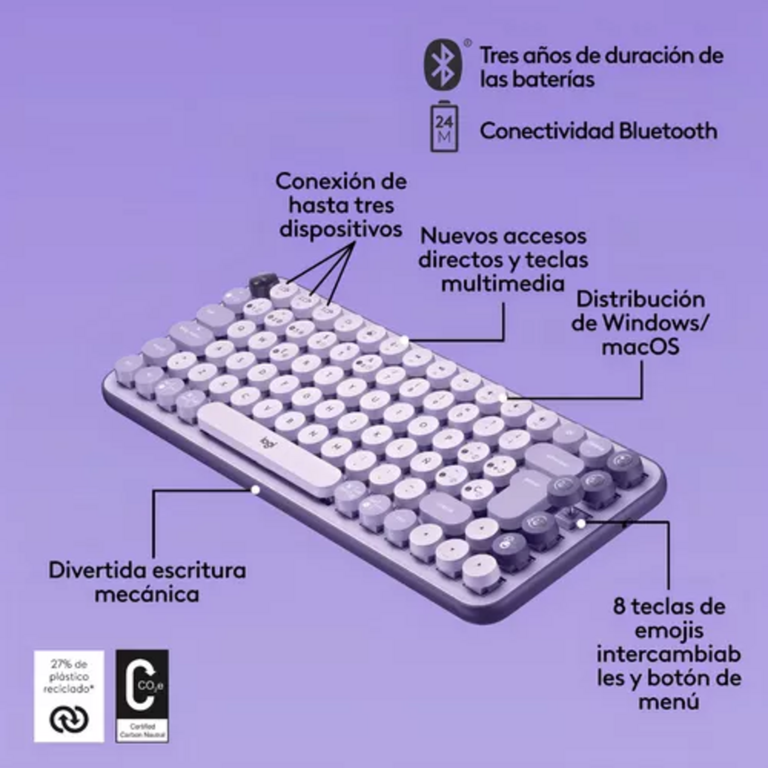 Teclado Mecanico Logitech Pop Keys Cosmos Lila con Emojis 097855183958 by Logitech | New Horizons