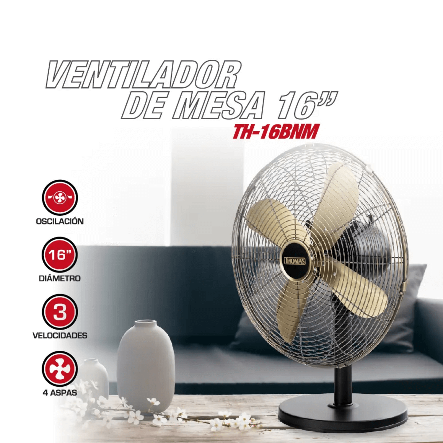Ventilador Thomas TH-16BNM Pedestal Mesa 40cm 3 Veloc 50W con diseño elegante y funcional, ideal para refrescar espacios.