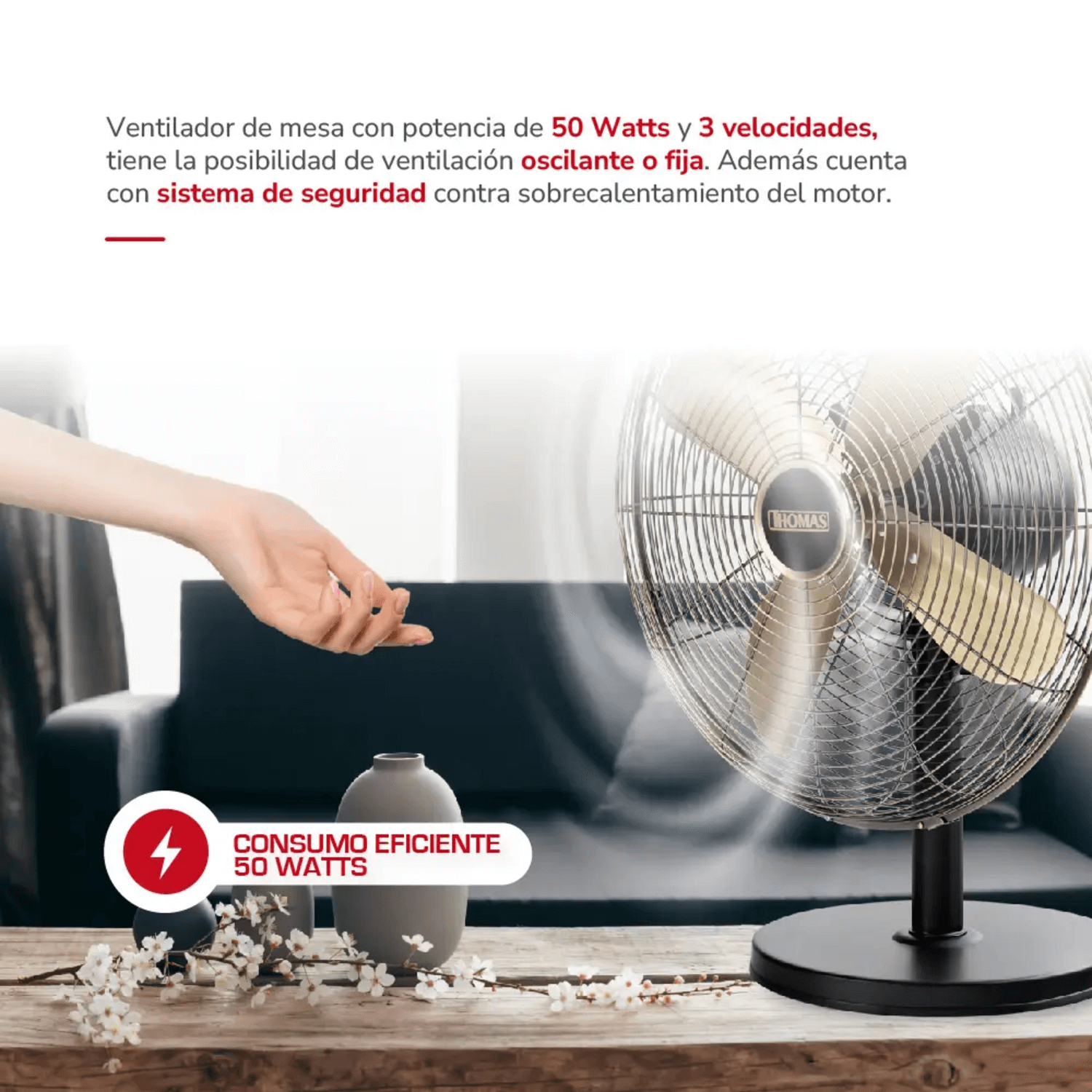 Ventilador Thomas TH-16BNM Pedestal Mesa 40cm 3 Veloc 50W con 50 Watts de potencia y diseño elegante.