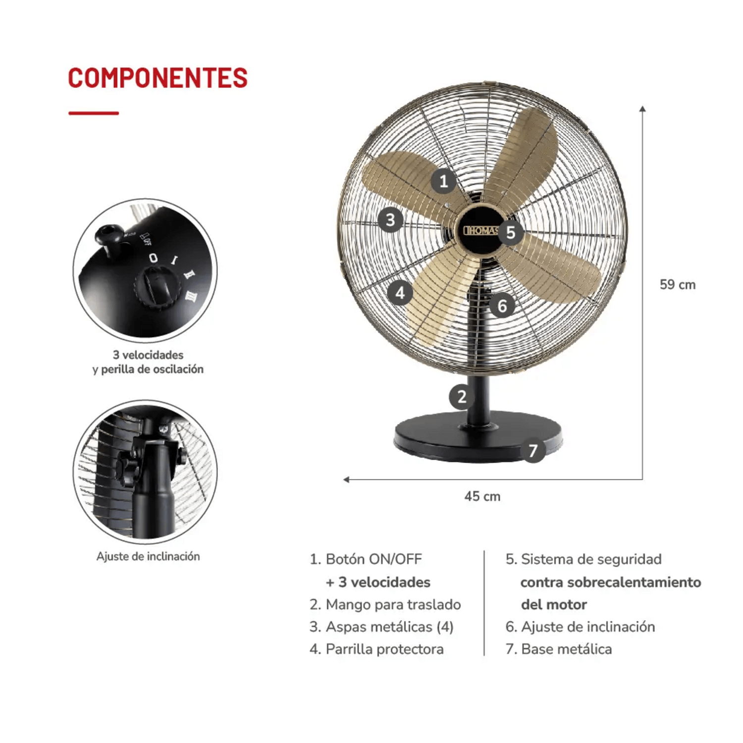 Imagen de componentes del Ventilador Thomas TH-16BNM Pedestal Mesa 40cm 3 Veloc 50W, incluyendo detalles de diseño y ajustes.
