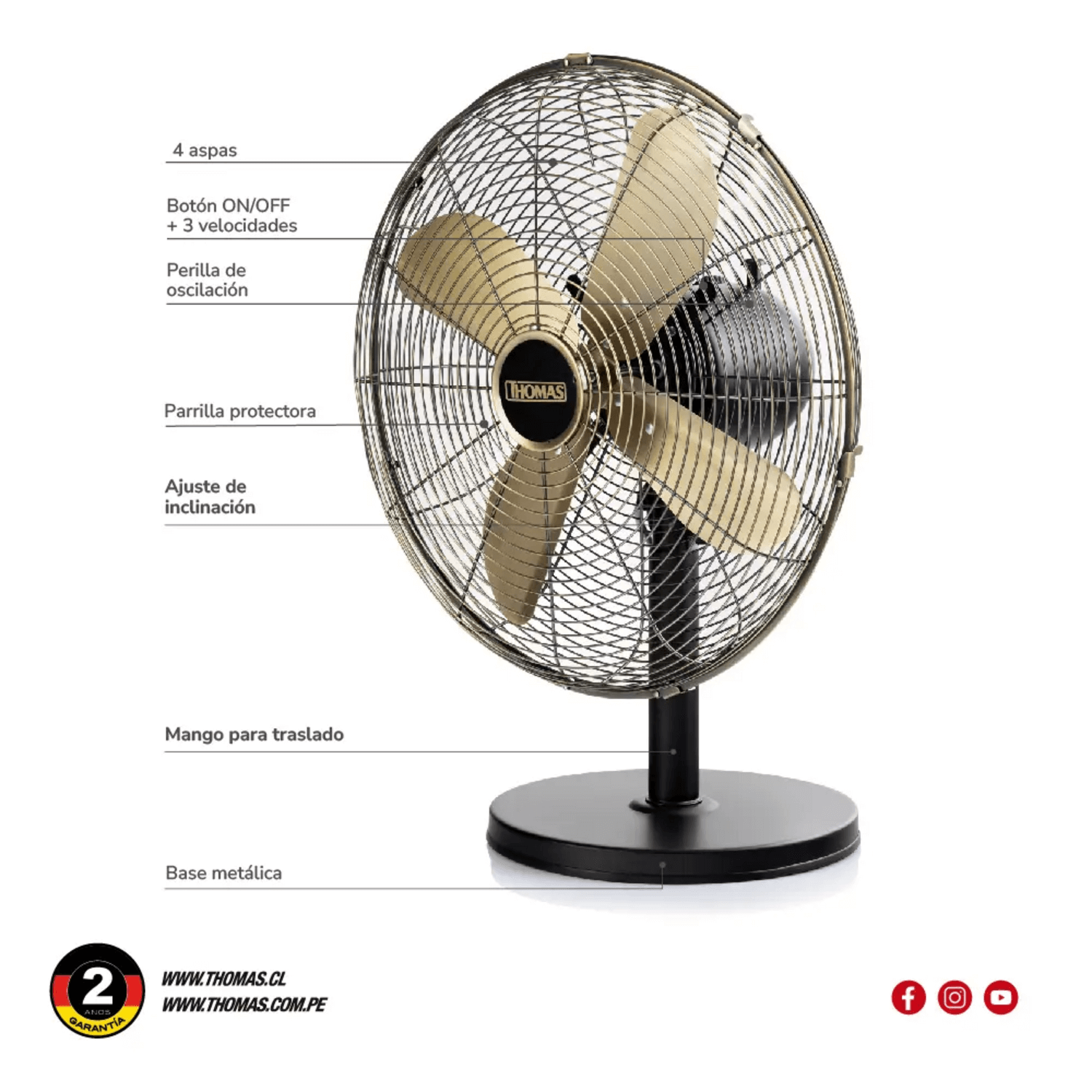 Ventilador Thomas TH-16BNM Pedestal Mesa 40cm 3 Veloc 50W con diseño elegante en Antique Bronce y múltiples funciones.