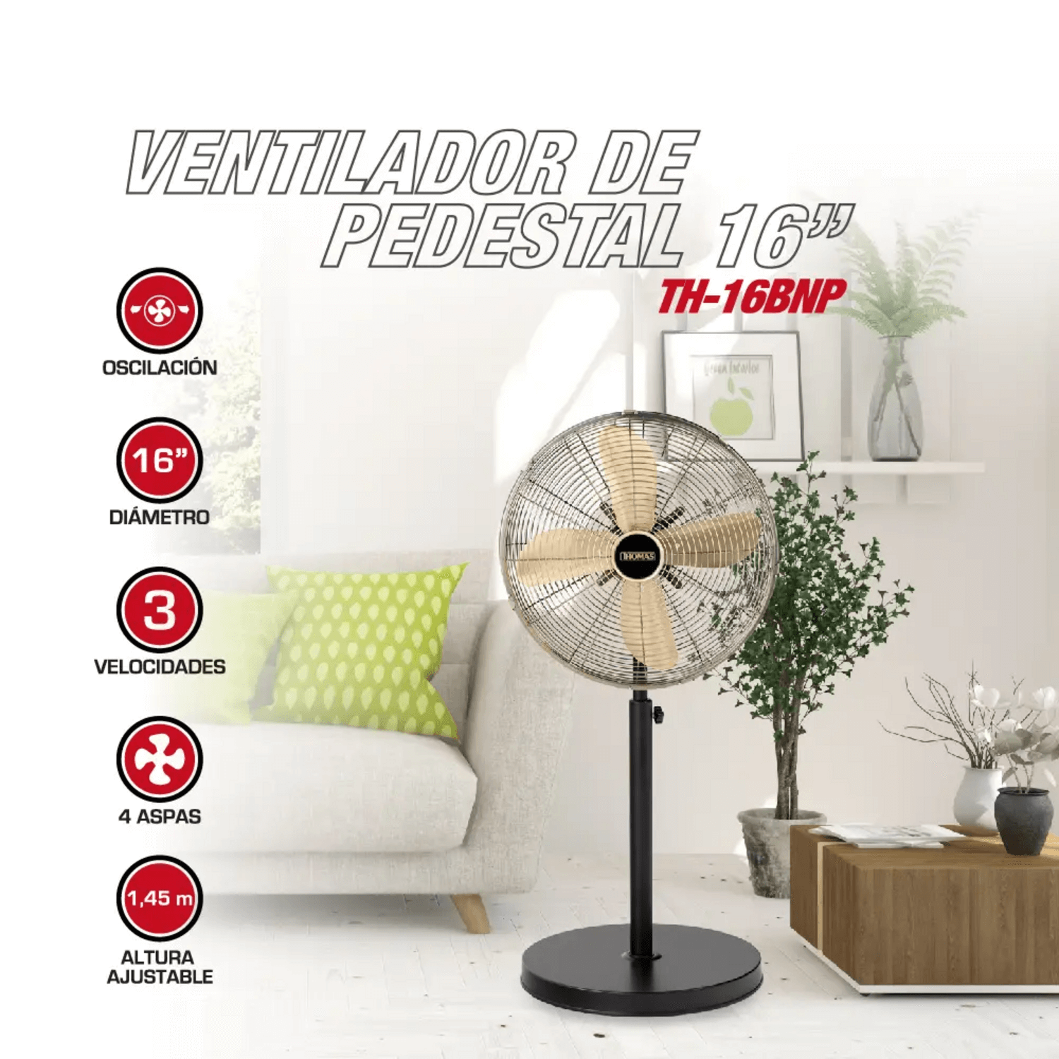 Ventilador De Pie Thomas TH-16BNP Gris Oscilante 50W 145 cm
