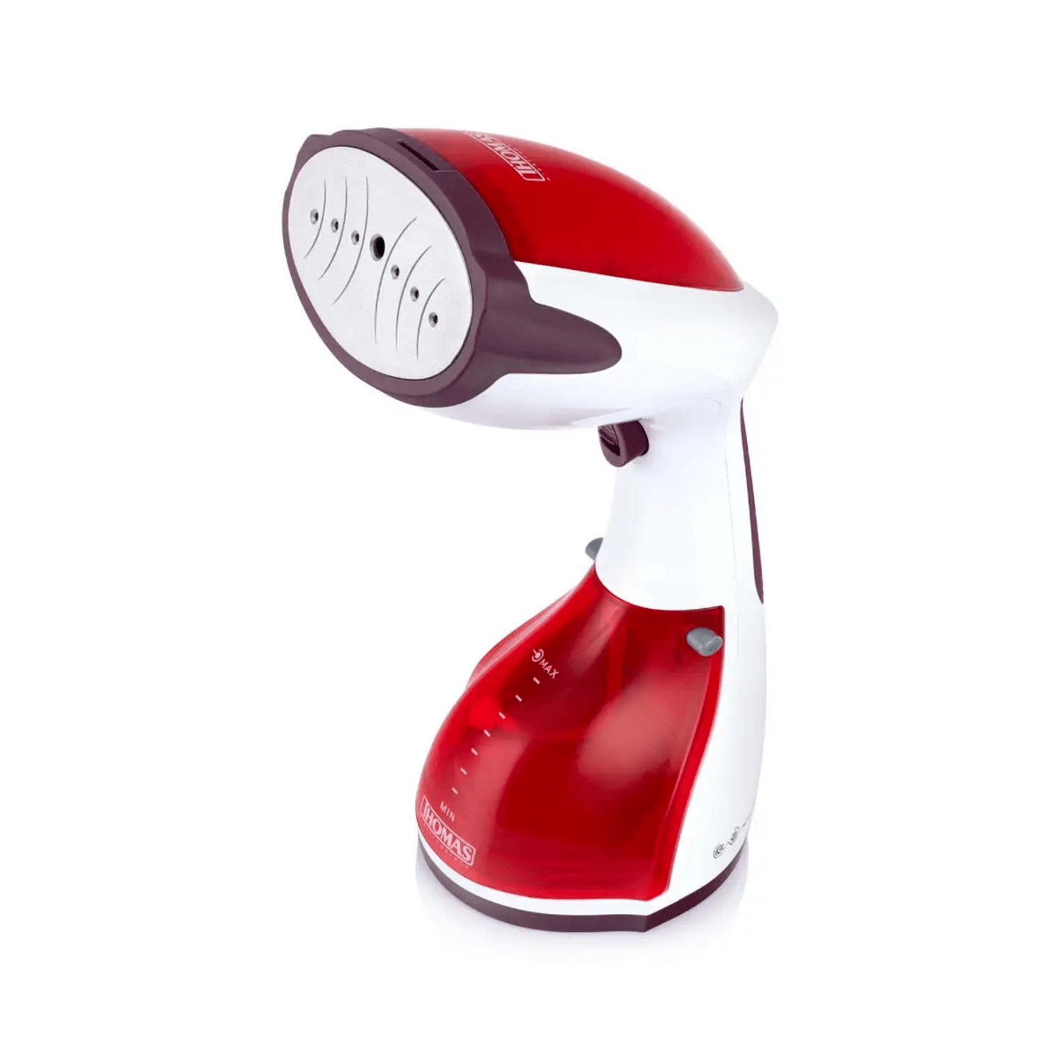Plancha Vertical Thomas TH-7300 Vaporizador 1200W Antigoteo en color rojo y blanco, ideal para un planchado rápido y eficiente.