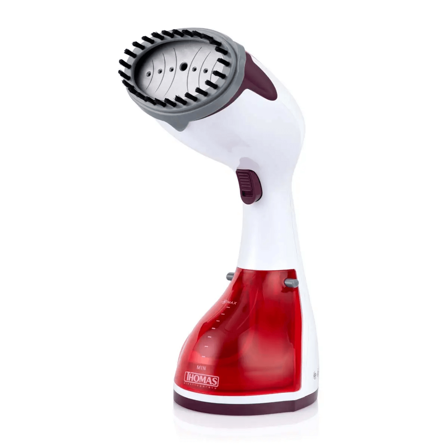 Plancha Vertical Thomas TH-7300 Vaporizador 1200W Antigoteo en color blanco y rojo con diseño ergonómico y potente emisión de vapor.