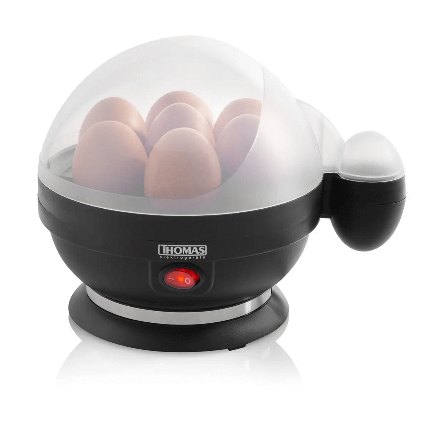 Cocedor de Huevos Thomas TH-80 7 Gallina 19 Codorniz Vapor con huevos cocinándose en su interior.