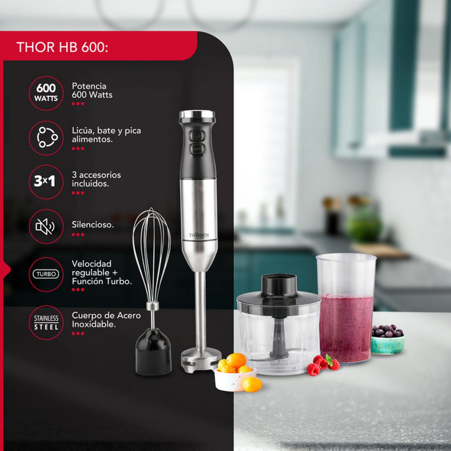 Minipimer Thorben Thor HB 600 Picadora Batidor Vaso 700ml