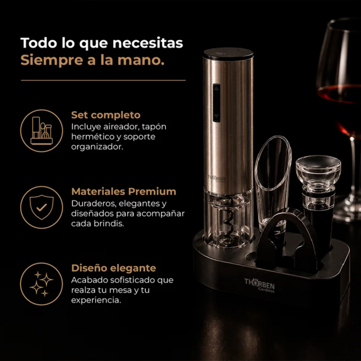 Set de Vinos Thorben USB-C Descorchador Eléctrico Recargable