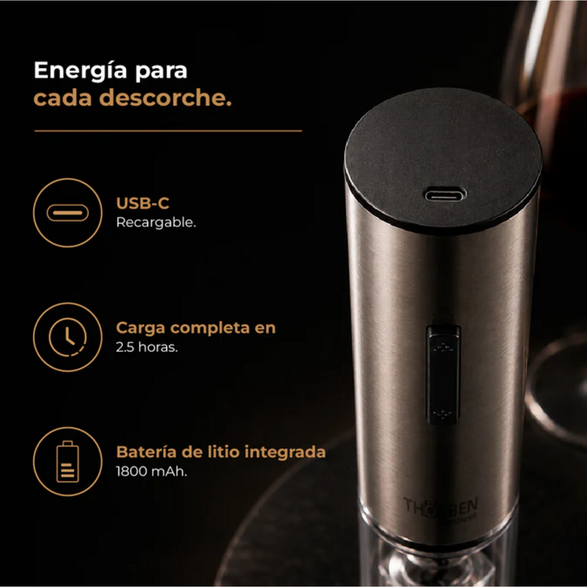 Set de Vinos Thorben USB-C Descorchador Eléctrico Recargable