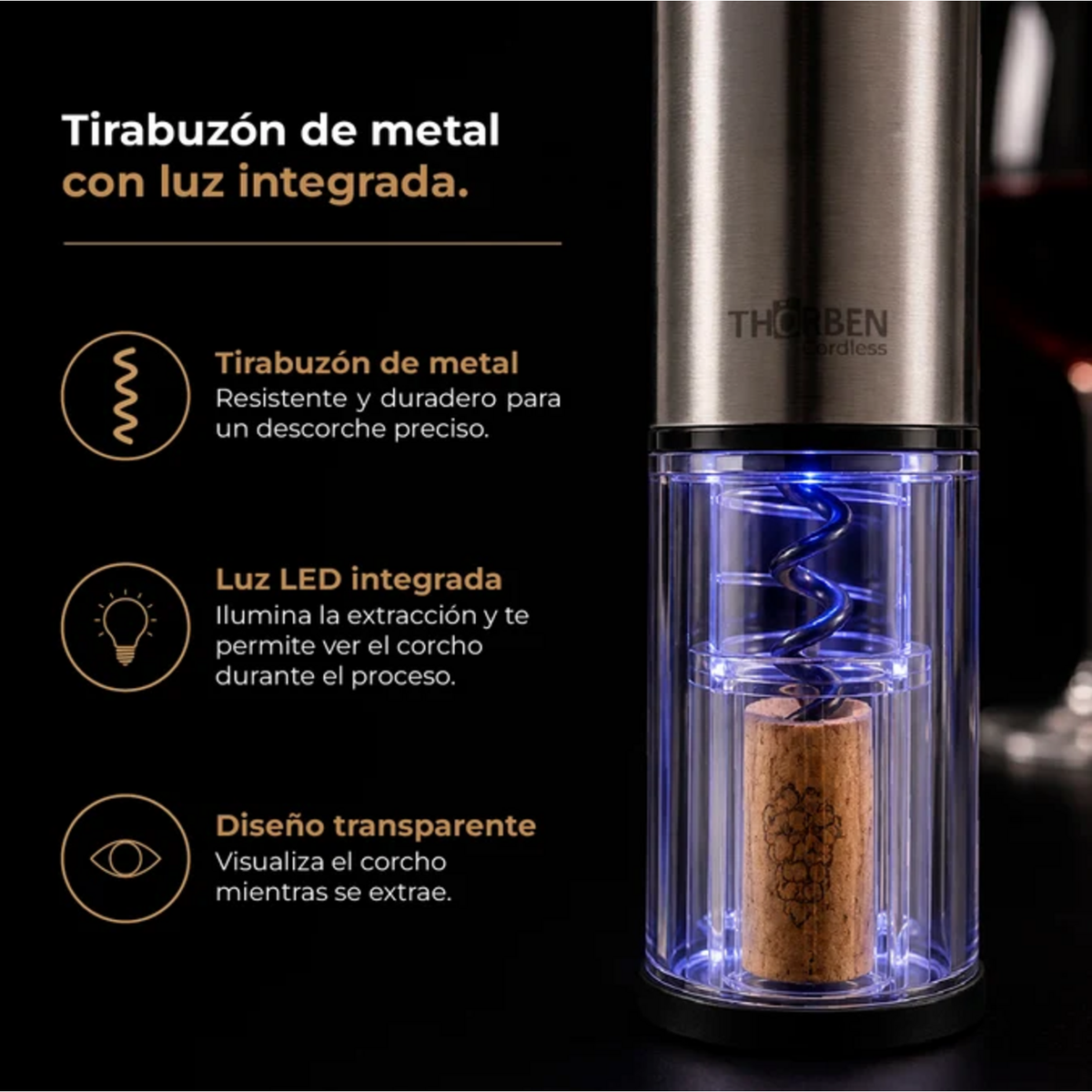 Set de Vinos Thorben USB-C Descorchador Eléctrico Recargable