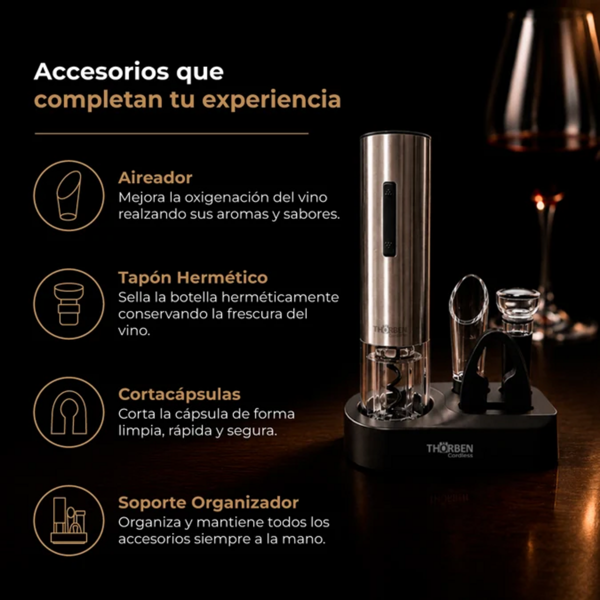 Set de Vinos Thorben USB-C Descorchador Eléctrico Recargable