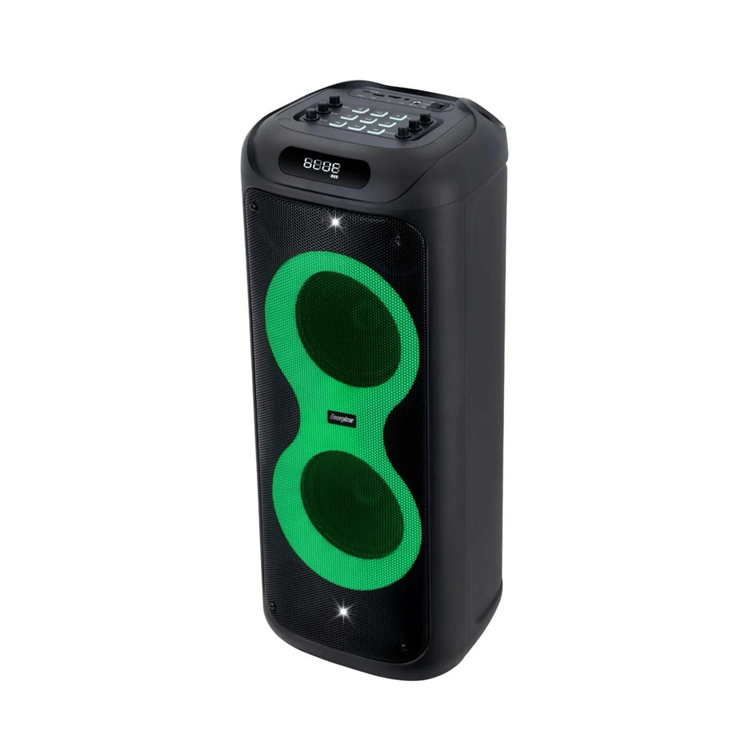 Torre de Sonido Karaoke Energizer Titan Box BTS536 con luces verdes y diseño moderno.