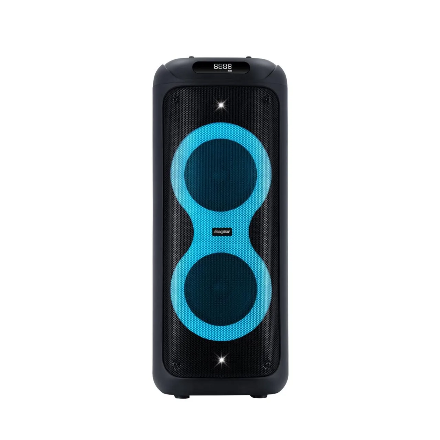 Torre de Sonido Karaoke Energizer Titan Box BTS536 con luces azules y diseño moderno.