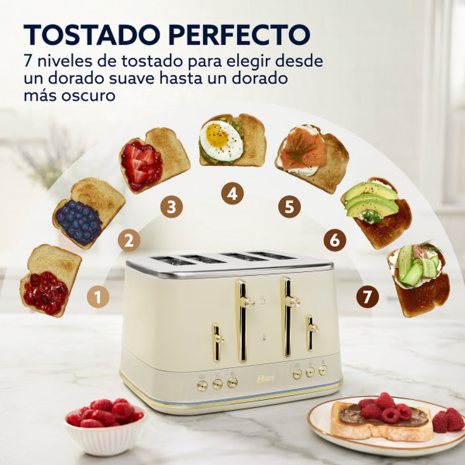 Tostador Oster Premium Beige 4 Rebanadas Luces Bandeja Migas