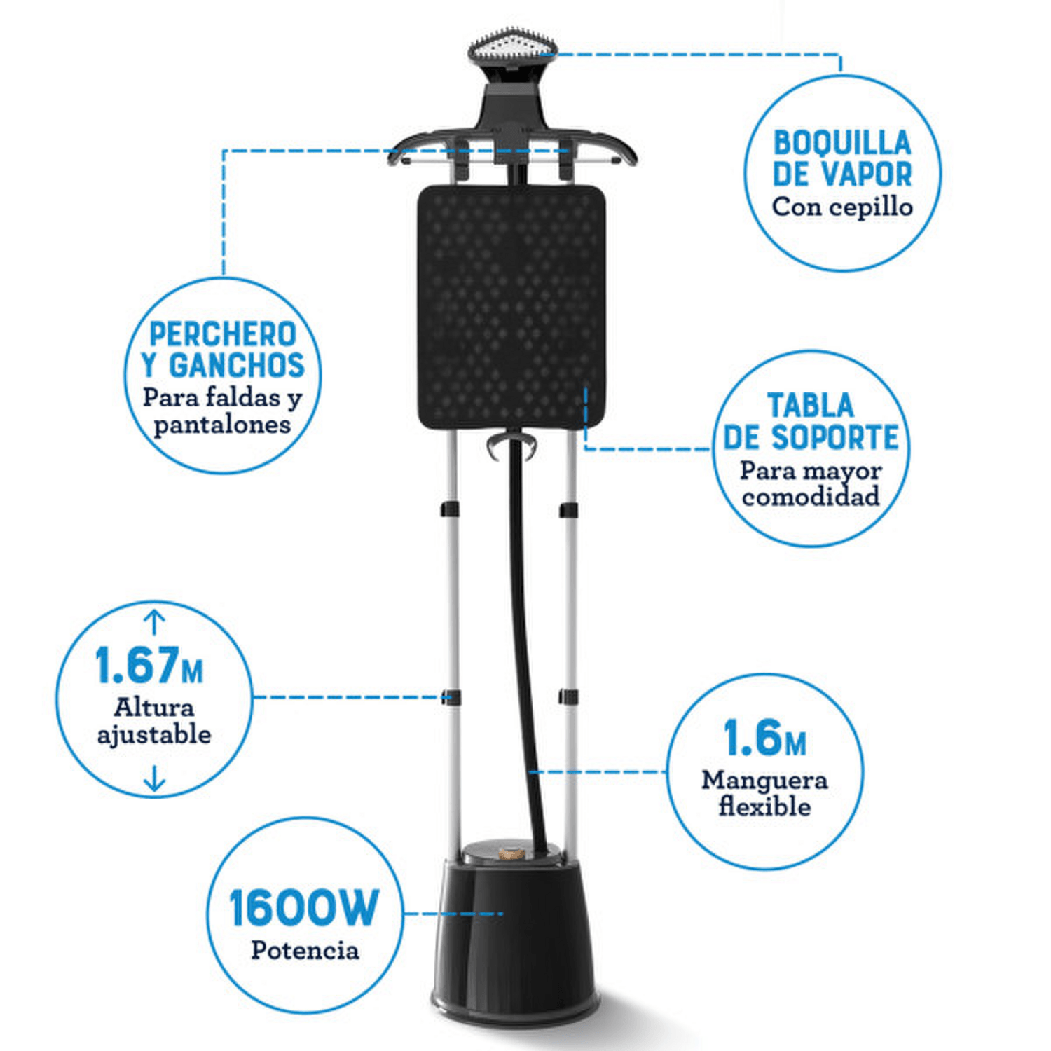 Vaporizador Centro De Planchado Oster 1800W Con Gancho 1,8L con tabla de soporte y percheros ajustables.
