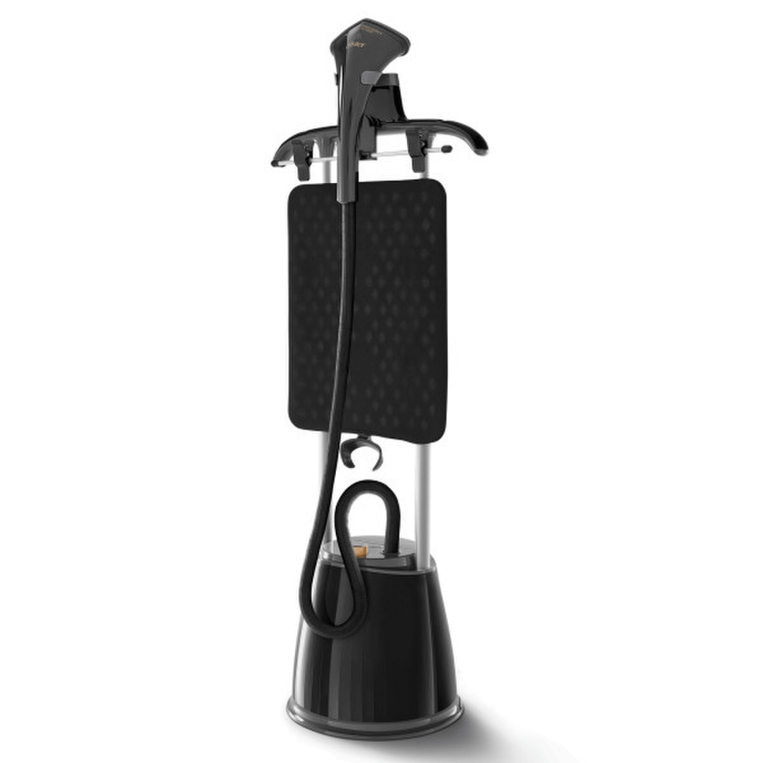 Vaporizador Centro De Planchado Oster 1800W Con Gancho 1,8L sobre fondo blanco con tabla soporte.