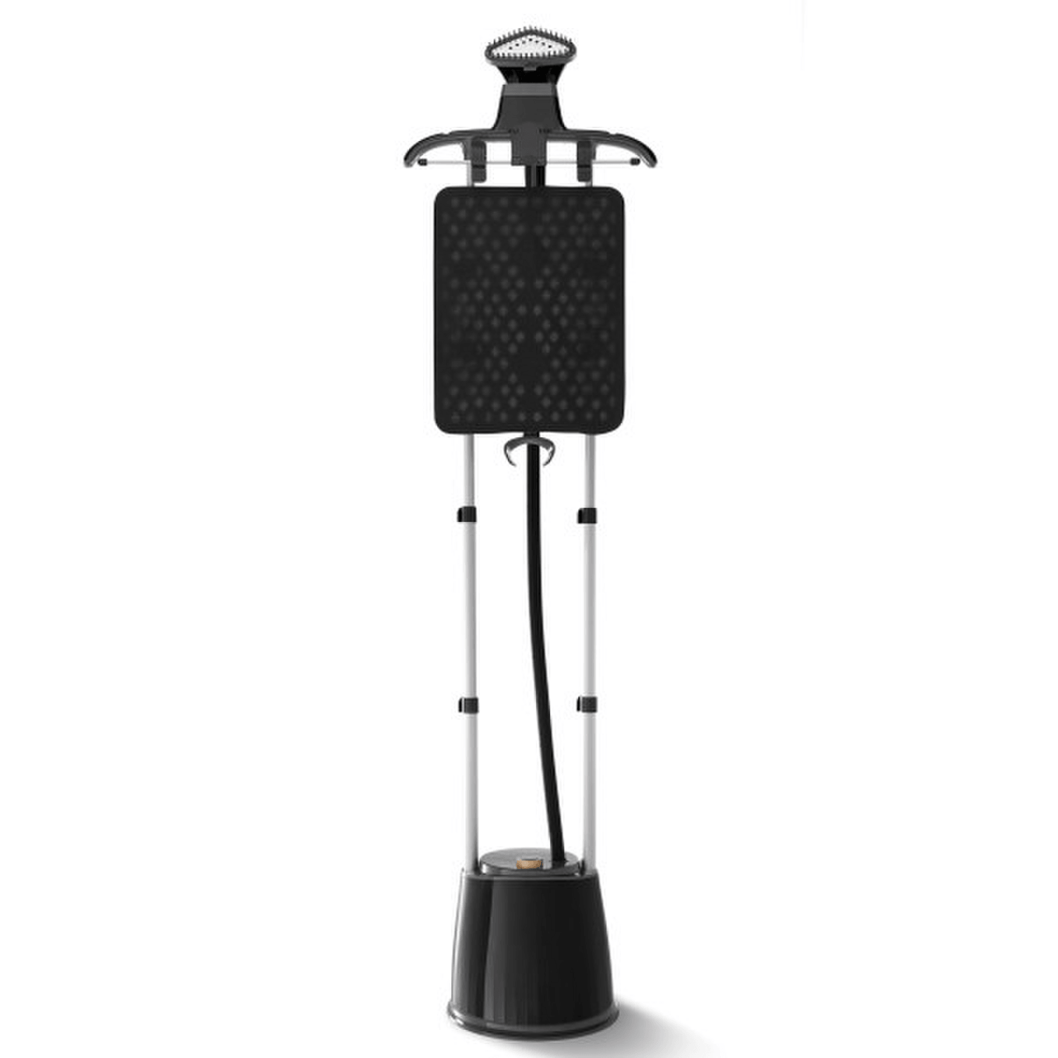 Vaporizador Centro De Planchado Oster 1800W Con Gancho 1,8L en diseño vertical con pedestal y soporte.