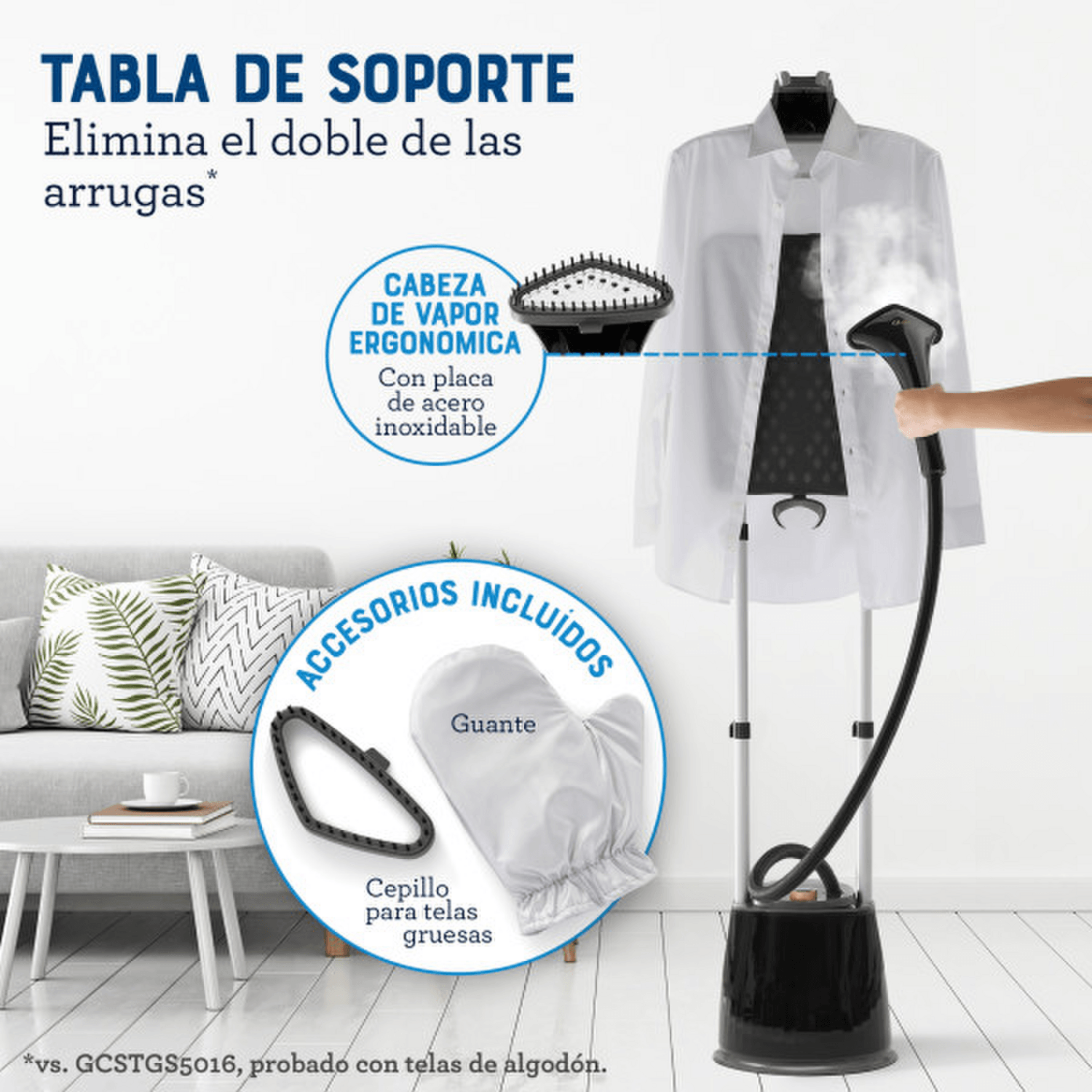 Vaporizador Centro De Planchado Oster 1800W Con Gancho 1,8L en uso, mostrando tabla de soporte y accesorios incluidos.