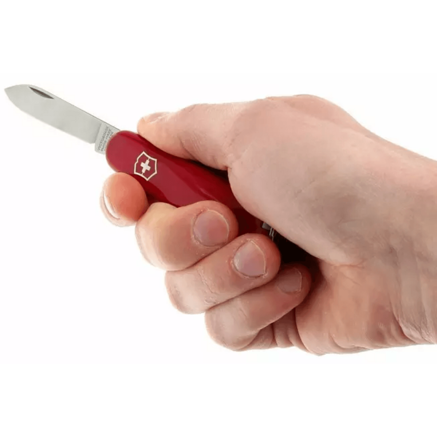 Navaja Cortapluma Victorinox Bantam 84mm 8 Funciones Roja en mano mostrando su diseño práctico y funcional.