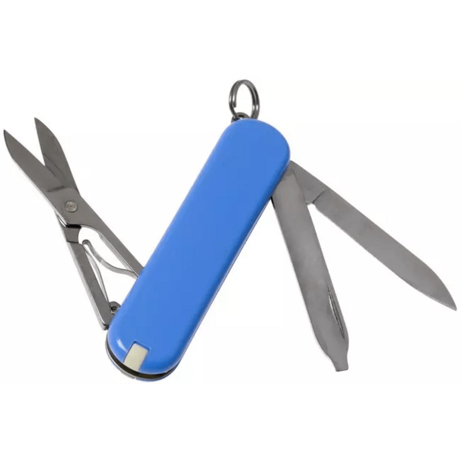 Navaja Cortapluma Victorinox Classic SD 58mm 7 Func Celeste en color azul con herramientas desplegadas.