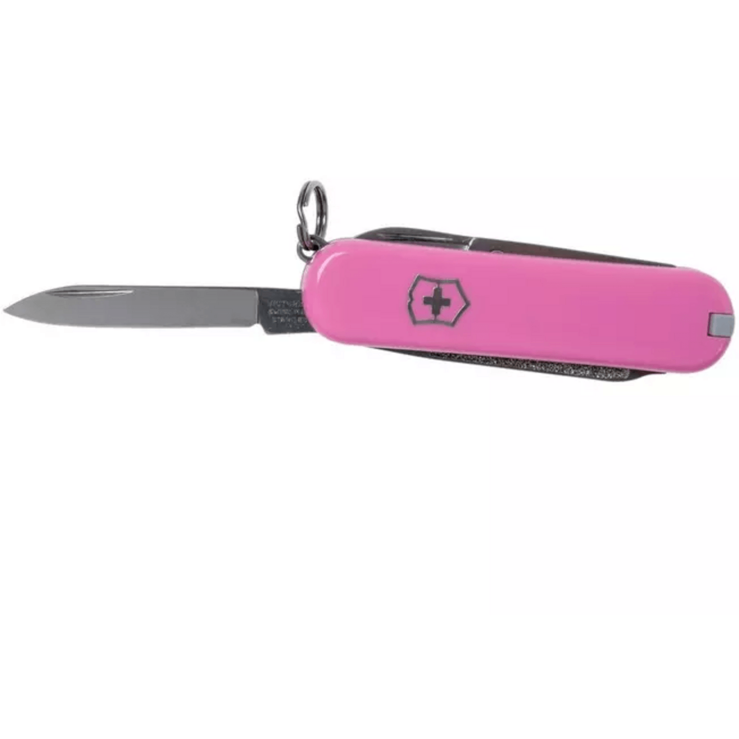 navaja cortapluma Victorinox 58mm rosada en color rosa con hoja de acero inoxidable y llavero.
